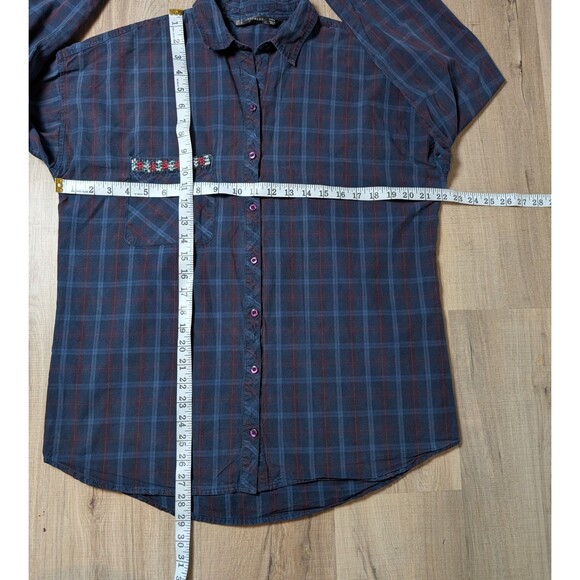 Zara Blue Plaid Blouse Size M Oversized Embellished Beaded Pocket Button Up Boho - Picture 10 of 10